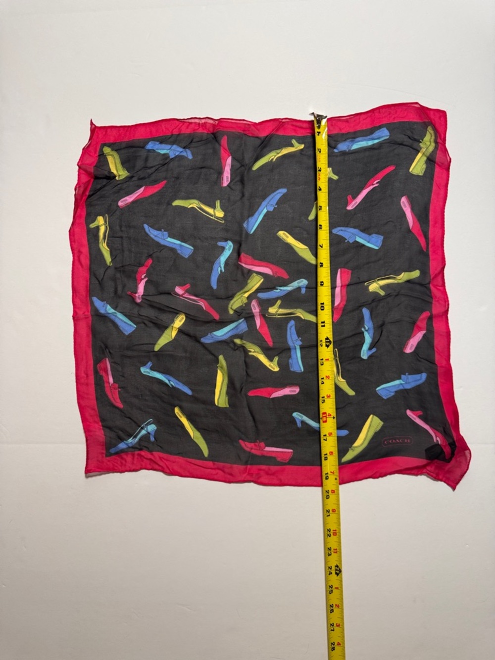 COACH Vintage 100% Silk Black Scarf Bright Shoe Motif Red Border Made in Japan - Picture 6 of 10